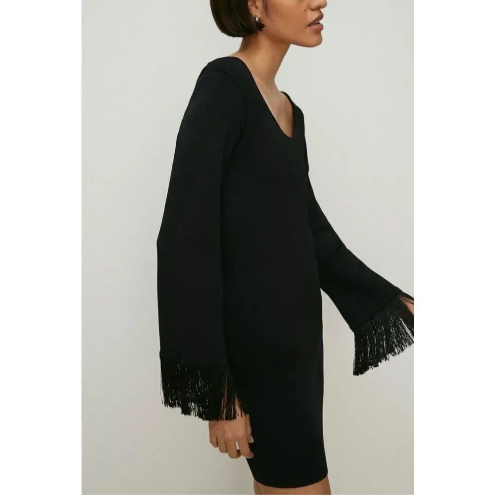 ✨OASIS Tie Back Fringe Sleeve Mini Black Sz Small Dress✨